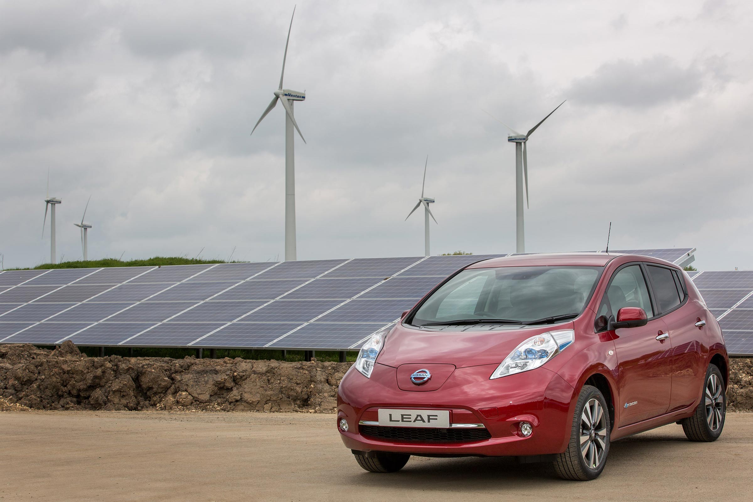 EV parked next to solar and wind farm