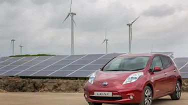 EV parked next to solar and wind farm