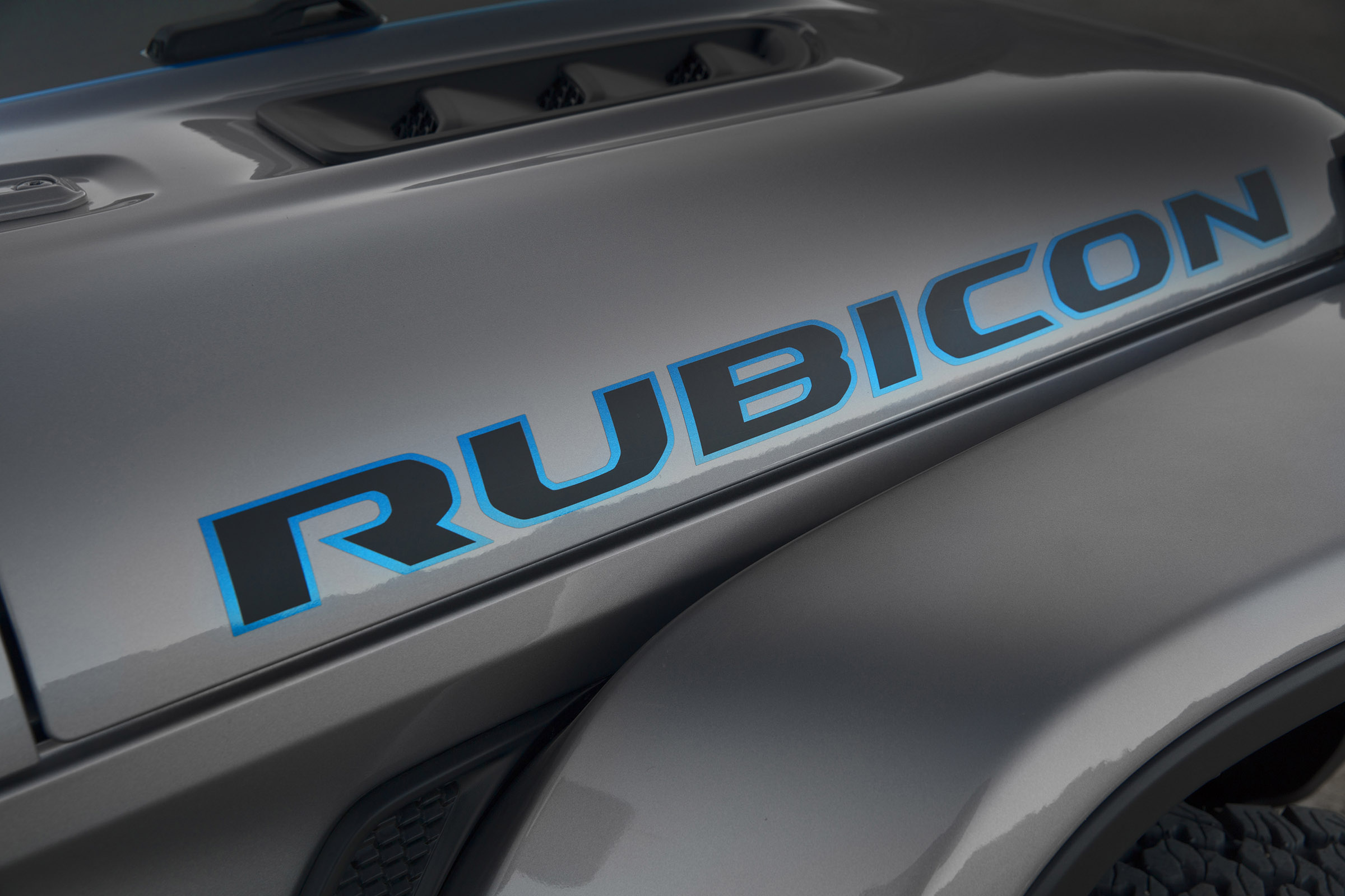 Surf Blue accents the Rubicon graphic on the hood of the 2021 Jeep® Wrangler 4xe.